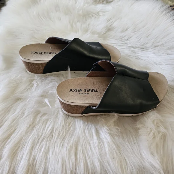 Josef Seibel Black Leather Slide Mule with Cork Wedge and White Outsole - Picture 7 of 12